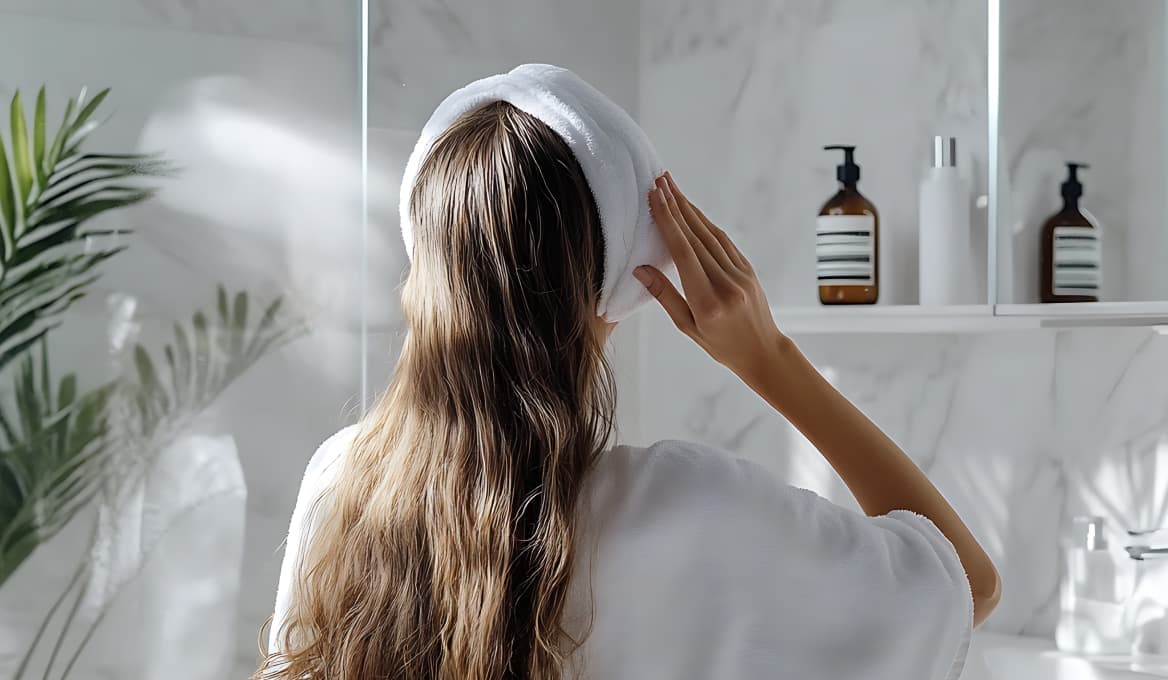 Back view of long hair in a bathroom