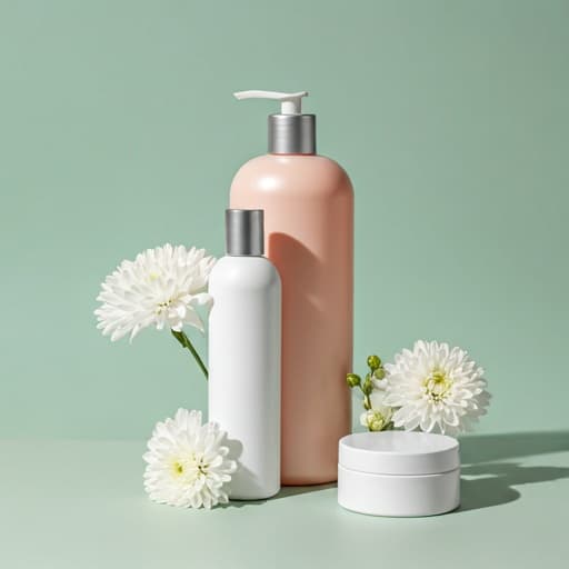 Aesthetic arrangement of hair care bottles and gentle flowers on a soft pastel background